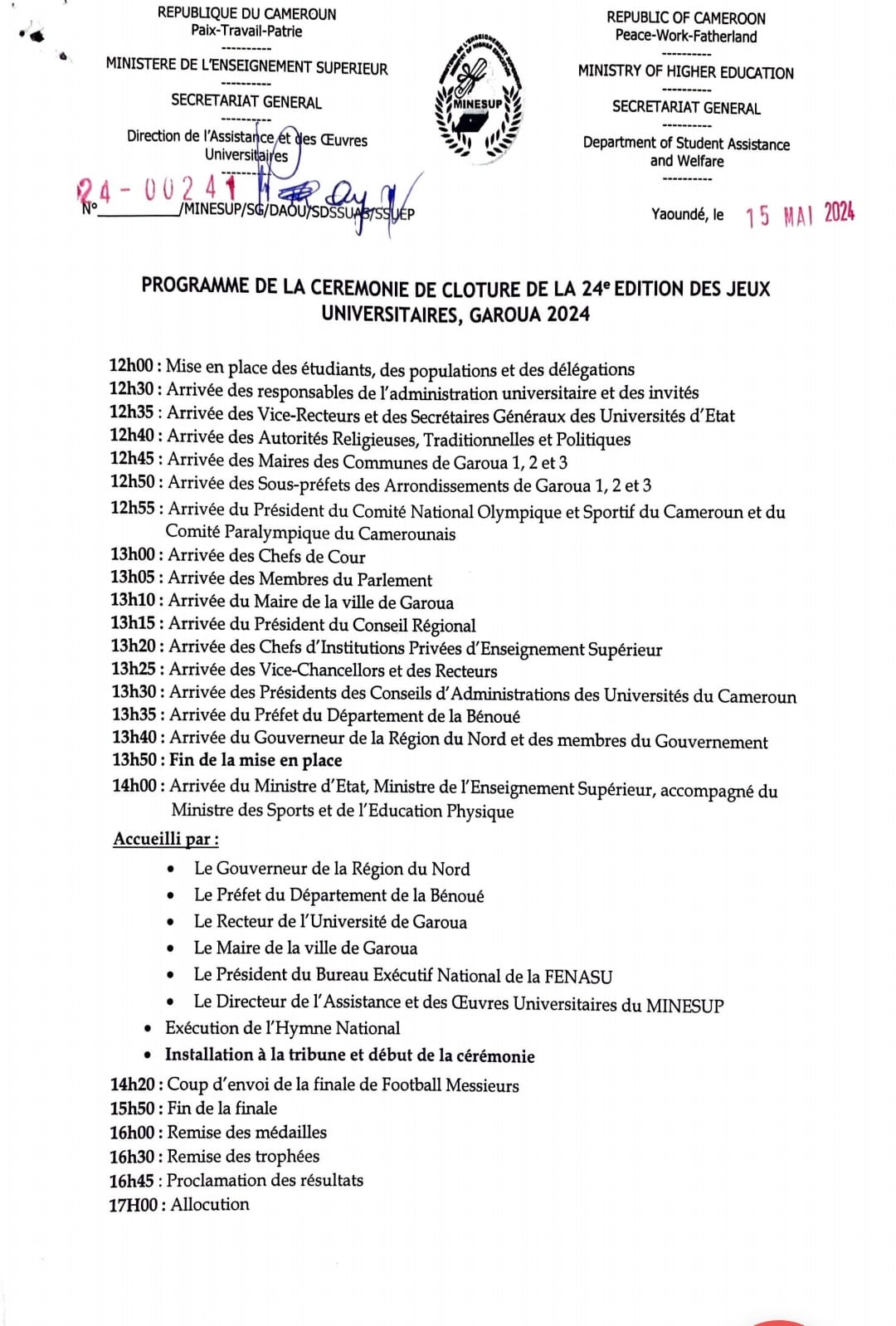 Programme de la cérémonie de clôture de la 24e édition des jeux universitaires, Garoua 2024